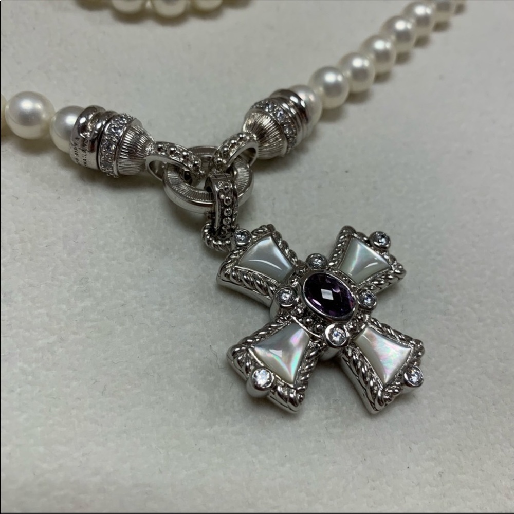 Judith Ripka Pearl and amethyst cross necklace 20” with pendant